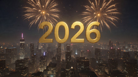 Happy new year 2016 and fireworks over the city. 3D rendering