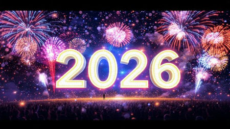 Premium 2026 greeting design with pearl frost spark field and clean white balance.