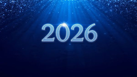 Elegant 2026 New Year greeting with ice-blue bokeh, smooth light spread, premium holiday aesthetic.