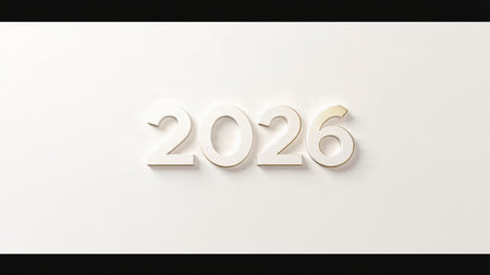 Premium 2026 greeting design with pearl-silver shimmer haze and minimal shadows.