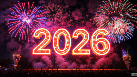 Refined 2026 New Year design with frosted glow bloom and minimal sparkle noise.