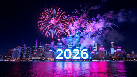 Premium 2026 luxury greeting with icy shimmer corners and soft festive glow.