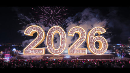 Luxury 2026 New Year visual with diamond frost corners glow and calm lighting.