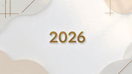 New Year 2026 luxury design with floating glassy numbers, soft crystal glow, minimalist celebration...