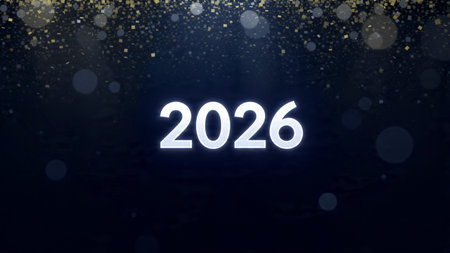 Premium 2026 celebration backdrop with ice-glass light streaks and calm winter elegance.