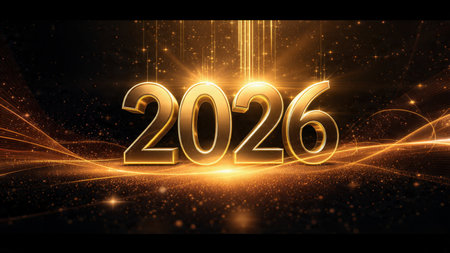 Luxury 2026 winter canvas with crystal-dust particles and clean festive space.