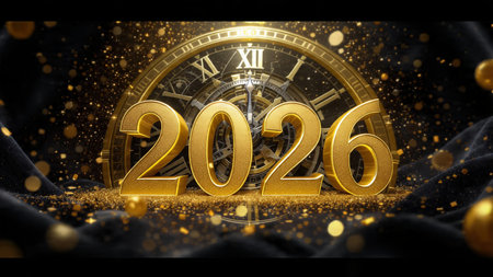 New Year 2026 luxury design with floating glassy numbers, soft crystal glow, minimalist celebration...