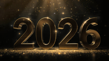 Luxury 2026 New Year scene with smooth glassy number reflections and refined white balance.