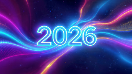 2026 luxury winter greeting with smooth silver light arcs and refined premium balance.