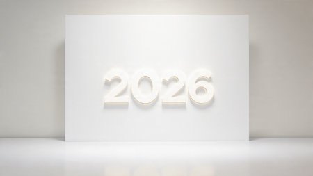 Elegant 2026 celebration backdrop with pearl-silver frost arcs and minimal noise.