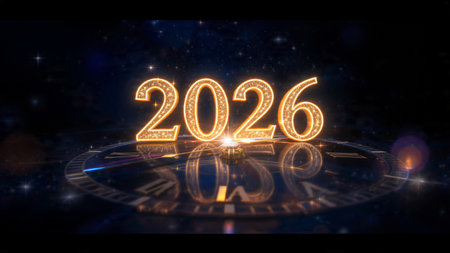 Minimal 2026 luxury greeting with silver sparkle field and refined white space composition.