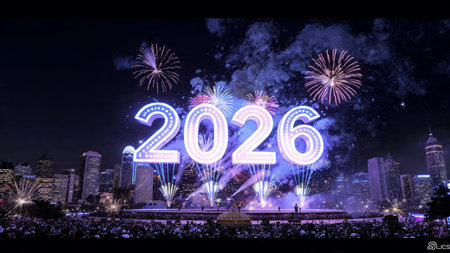 Premium 2026 luxury greeting with icy shimmer corners and soft festive glow.