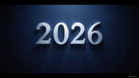 Premium New Year 2026 design with soft cool glimmer and silver sparkle field balance.
