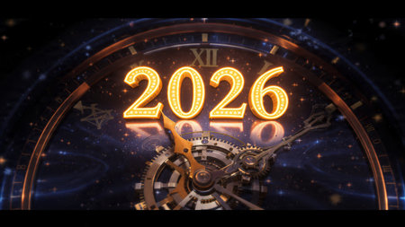 Minimal luxury New Year 2026 layout with clean white space, silver glow lines, premium marketing...