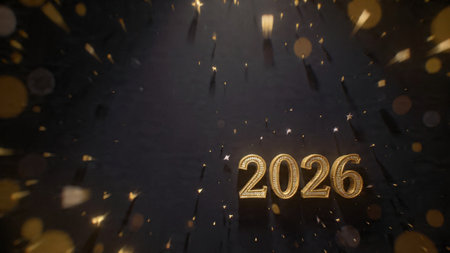 Luxury 2026 New Year visual with smooth silver light trails and clean layout balance.