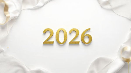 Luxury 2026 winter canvas with crystal-dust particles and clean festive space.