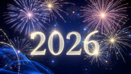 New Year 2026 premium visual with smooth gradient light arcs and soft confetti blur, luxury...