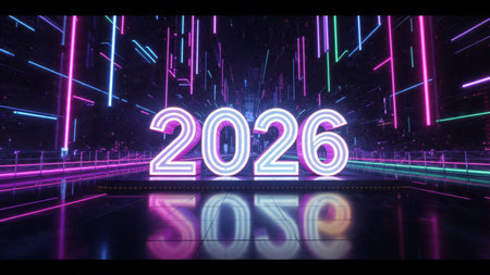 Luxury 2026 winter canvas with crystal-dust particles and clean festive space.