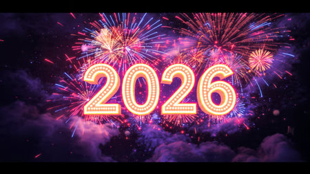 Premium 2026 greeting background with crisp frozen sparkle waves and minimal shadows.