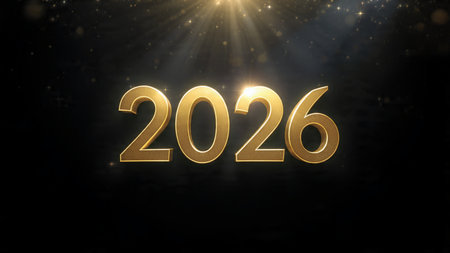 Happy New Year. Gold numbers on black background. 3D rendering