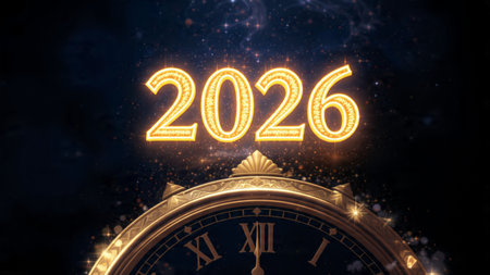 Happy New Year with golden clock. 3D Rendering.