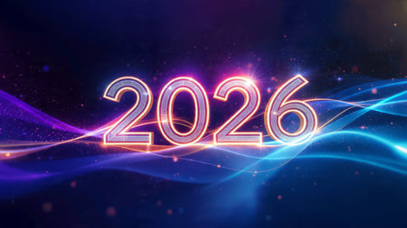 Happy New Year 2026 - 3D Rendered Illustration of New Year 2026 with neon lights.