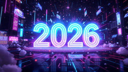 Luxury 2026 New Year scene with smooth glassy reflections and refined white balance.