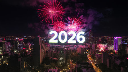 Elegant 2026 premium canvas with cool winter sparkle trails and crisp lighting composition.