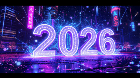 Happy New Year with neon lights in the background. 3D rendering