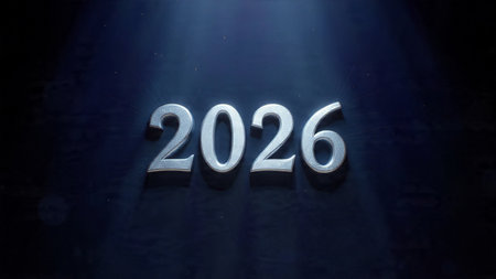 Luxury 2026 celebration canvas with smooth glassy number reflections and cool glow.