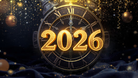 High-class 2026 New Year scene with icy sparkle particles and clean white background balance.