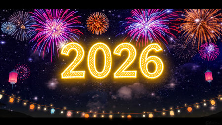Happy New Year with firework background, Happy New Year