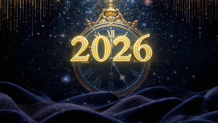 Happy New Year background with golden numbers and clock. 3D illustration