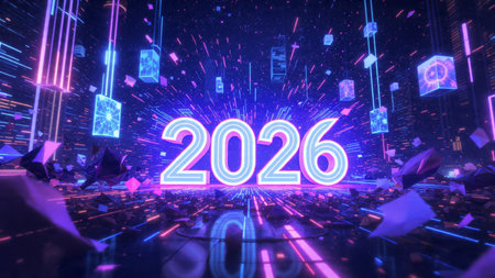 Luxury 2026 winter canvas with crystal-dust particles and clean festive space.