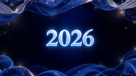 Winter luxury New Year 2026 scene with soft snowfall blur, silver gleam lighting, high-resolution...