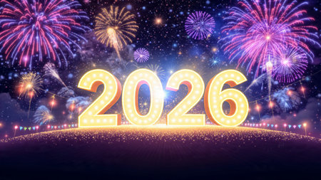 Luxury 2026 winter canvas with crystal-dust particles and clean festive space.