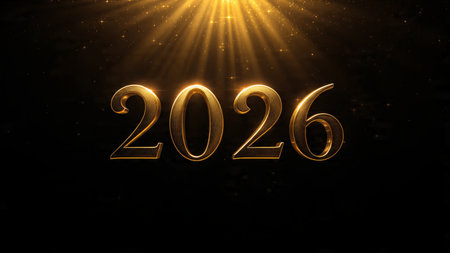 New Year 2026 luxury design with floating glassy numbers, soft crystal glow, minimalist celebration...