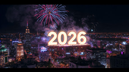 High-class 2026 greeting canvas with cool glimmer trails and minimal festive accents.