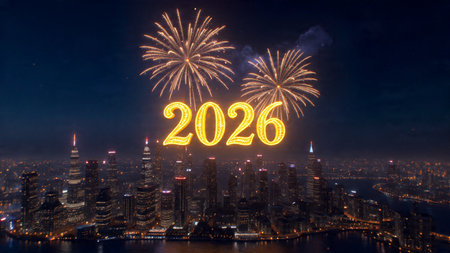 Premium 2026 New Year backdrop with soft frozen glow arcs and calm lighting.
