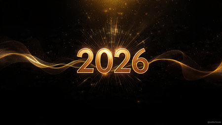 Happy New Year. Golden numbers on dark background. Vector illustration.