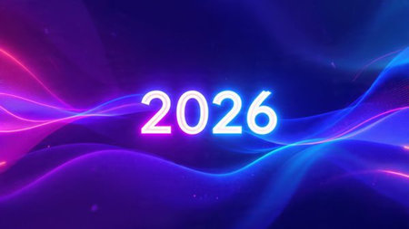 Minimal luxury 2026 New Year composition with gentle glow arc, silver sparkle gradient, clean copy...