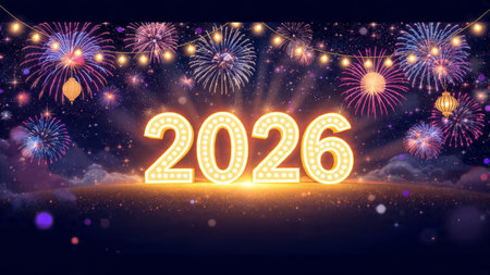 Premium 2026 holiday greeting with silky cool gradients and minimal shimmer noise.
