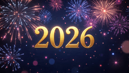 Happy new year 2016 with fireworks background, 3d rendering. Computer digital drawing.