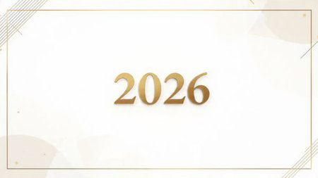 High-class 2026 greeting canvas with cool glimmer trails and minimal festive accents.