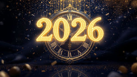 New Year 2026 premium visual with smooth gradient light arcs and soft confetti blur, luxury...