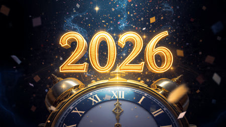 Happy New Year with clock and confetti. 3D rendering