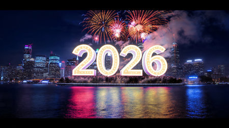 Happy new year 2026 written on firework with the cityscape background