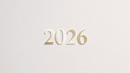 Luxury 2026 New Year scene with smooth glassy reflections and refined white balance.