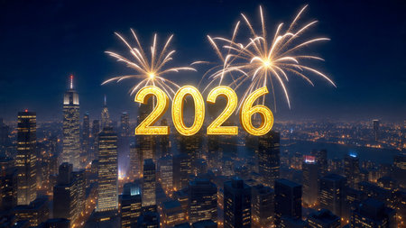 Refined 2026 greeting canvas with soft silver glow and minimal confetti noise, luxury layout.
