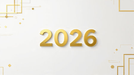 Happy New Year 2026 gold text on white background. 3D rendering